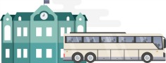 An illustration of a charter bus outside a school