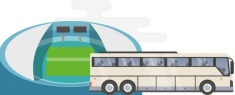 An illustration of a charter bus outside a sports field