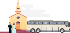 An illustration of a married couple and a charter bus outside a church